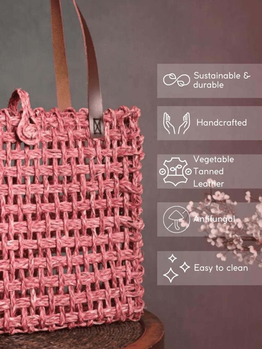 Handmade Sabai Grass Mesh Bag - Pink - Kadam Haat