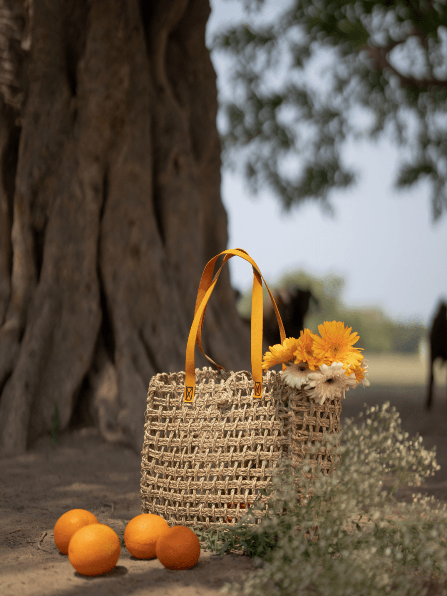 Handmade Sabai Grass Mesh Bag - Turmeric - Kadam Haat