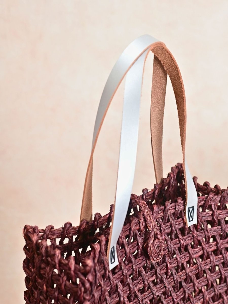 Handmade Sabai Grass Mesh Bag with Silver Handle - Brown - Kadam Haat