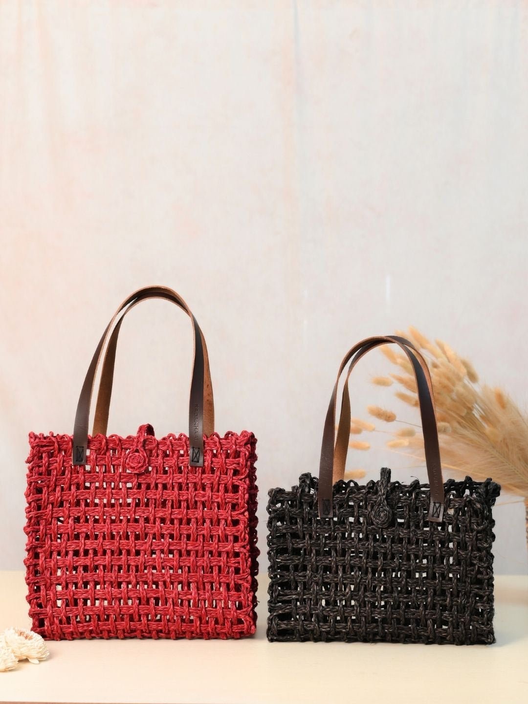 Handmade Sabai Grass Mesh Large & Small Mesh Bag - Combo of 2 - Kadam Haat