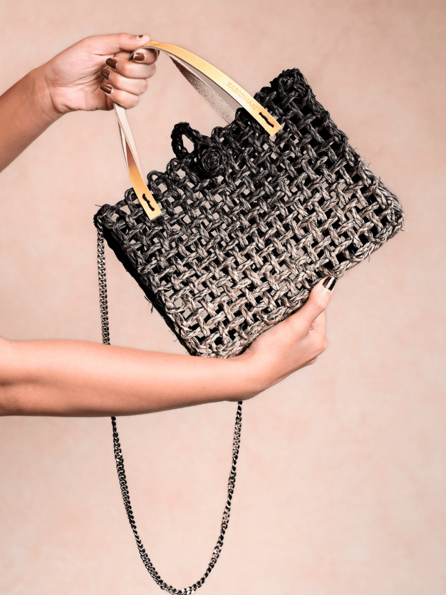 Handmade Sabai Grass Mini Mesh Bag - Black Ombre - Kadam Haat