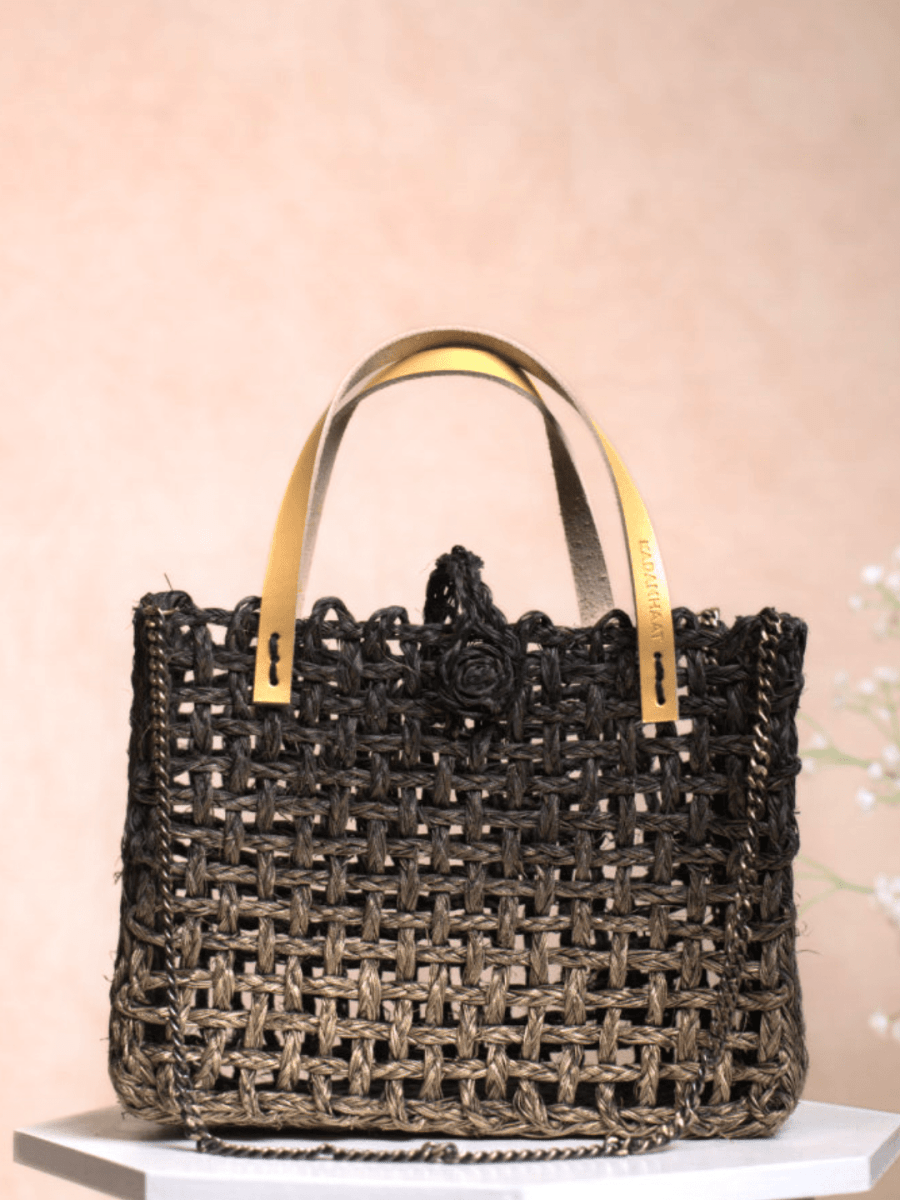 Handmade Sabai Grass Mini Mesh Bag - Black Ombre - Kadam Haat