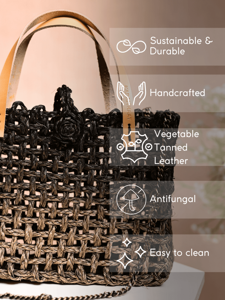 Handmade Sabai Grass Mini Mesh Bag - Black Ombre - Kadam Haat