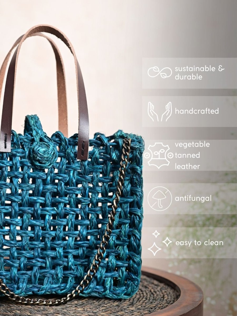 Handmade Sabai Grass Mini Mesh Bag - Indigo - Kadam Haat