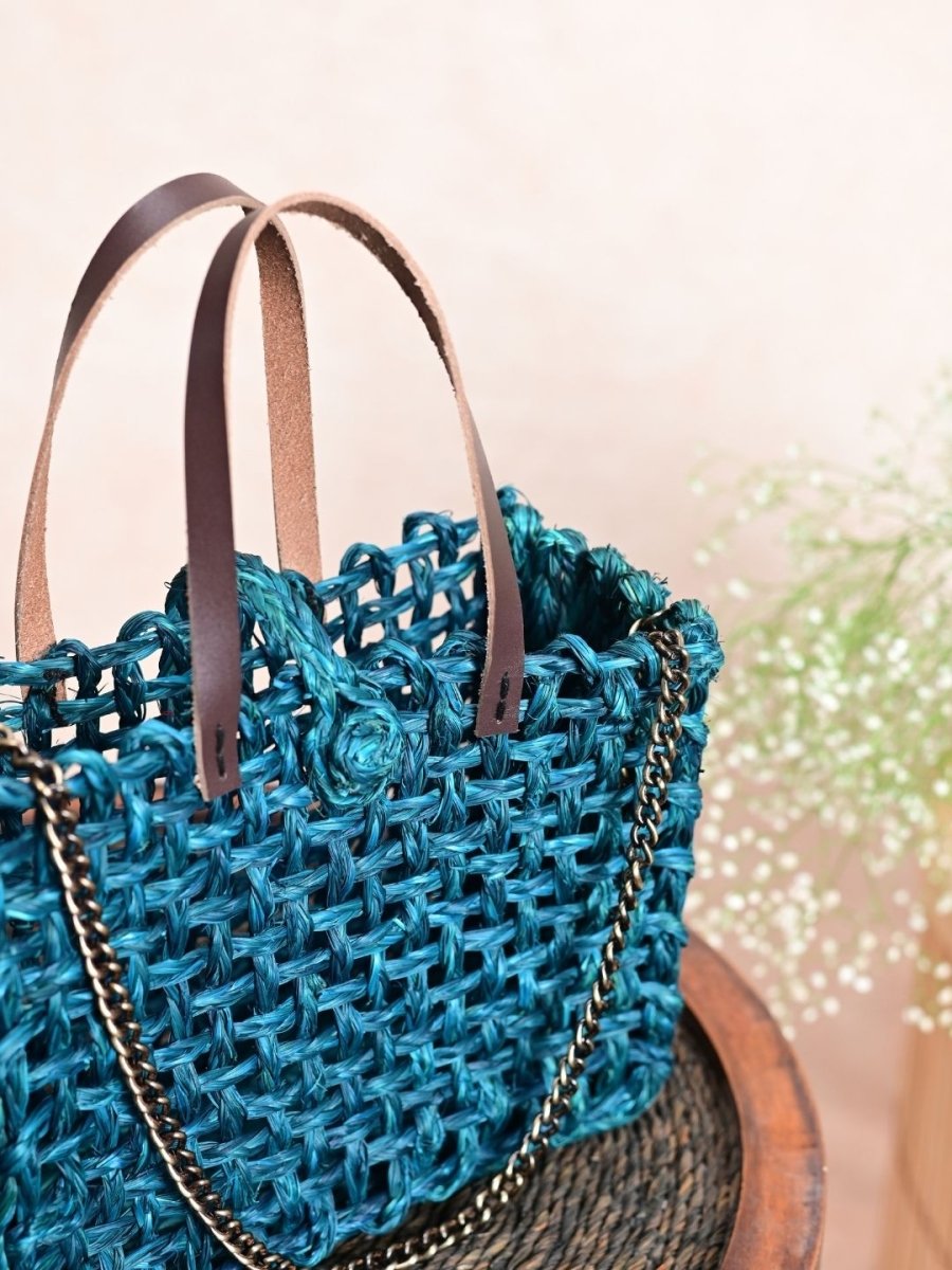 Handmade Sabai Grass Mini Mesh Bag - Indigo - Kadam Haat
