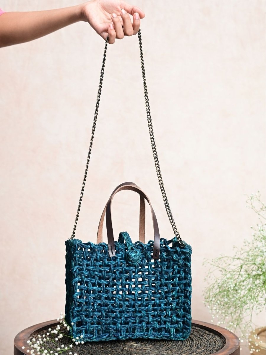 Handmade Sabai Grass Mini Mesh Bag - Indigo - Kadam Haat