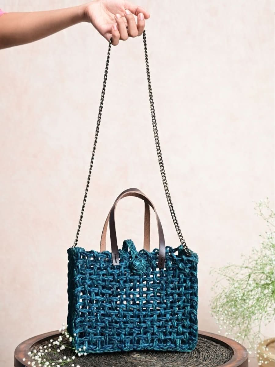 Handmade Sabai Grass Mini Mesh Bag - Indigo - Kadam Haat