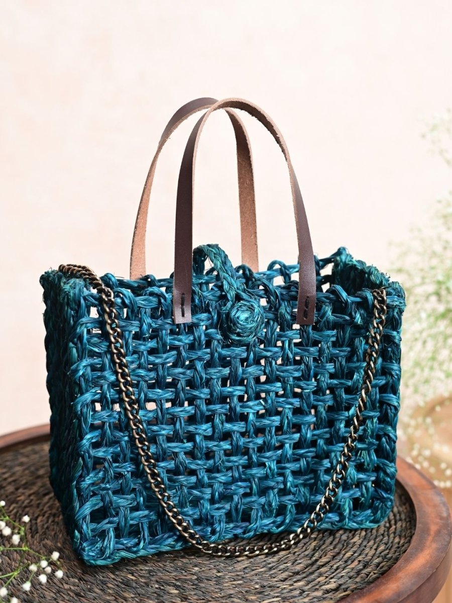 Handmade Sabai Grass Mini Mesh Bag - Indigo - Kadam Haat