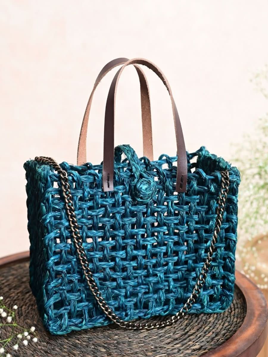 Handmade Sabai Grass Mini Mesh Bag - Indigo - Kadam Haat