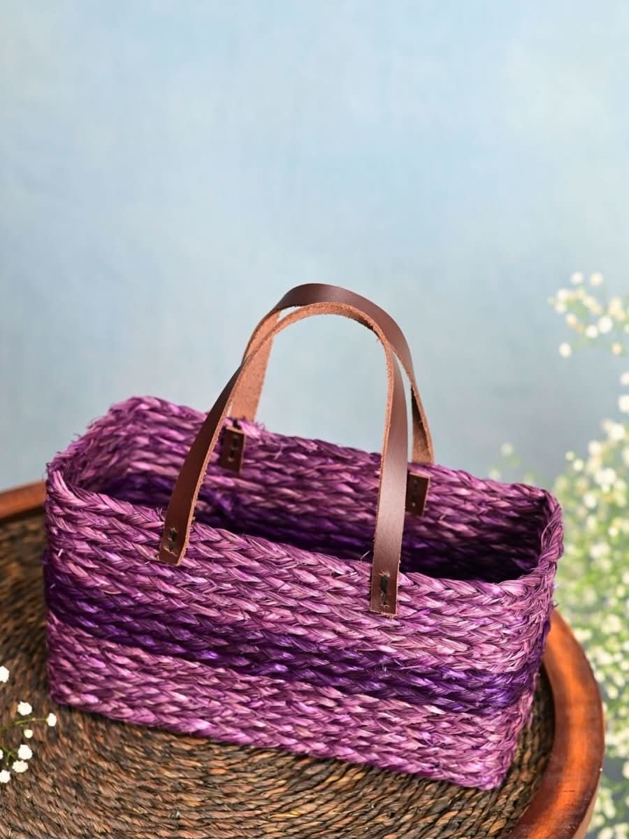 Handmade Sabai Grass Mini Shopping Bag - Lavender - Kadam Haat