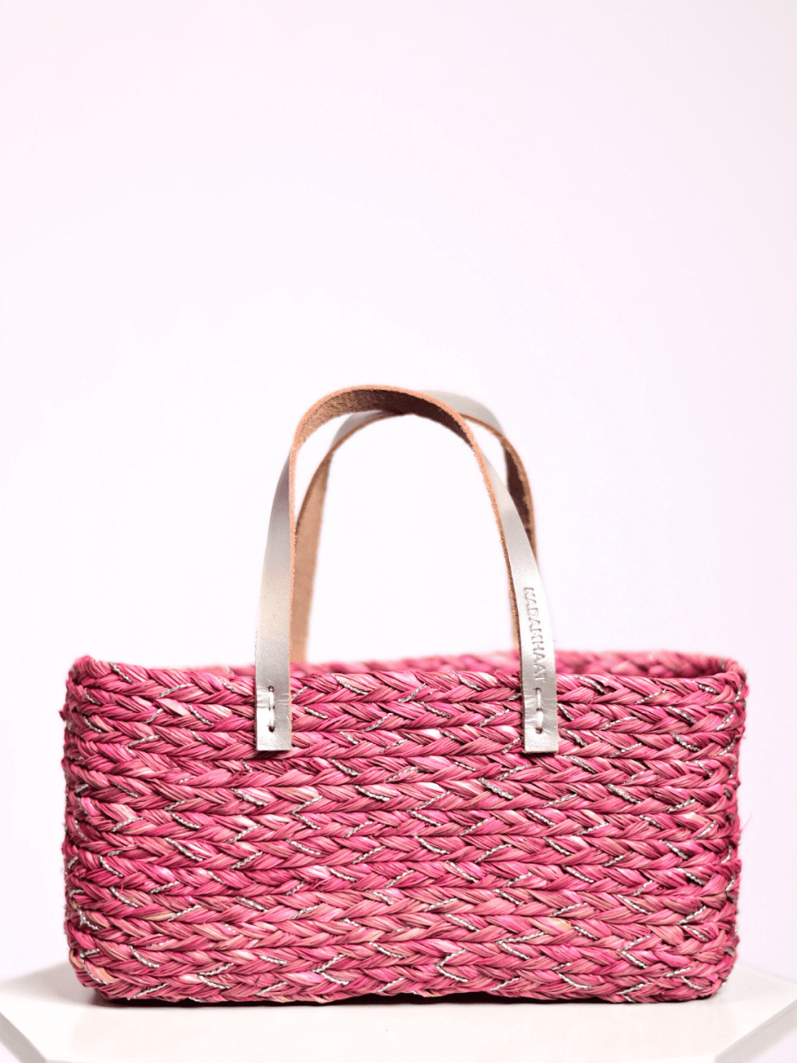 Handmade Sabai Grass Mini Shopping/City Bag - Pink Silver - Kadam Haat