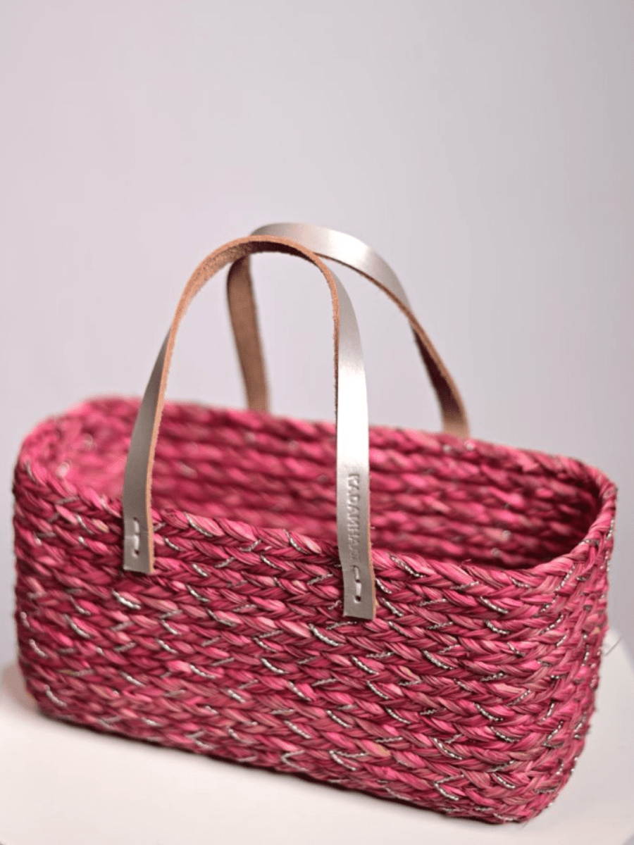 Handmade Sabai Grass Mini Shopping/City Bag - Pink Silver - Kadam Haat