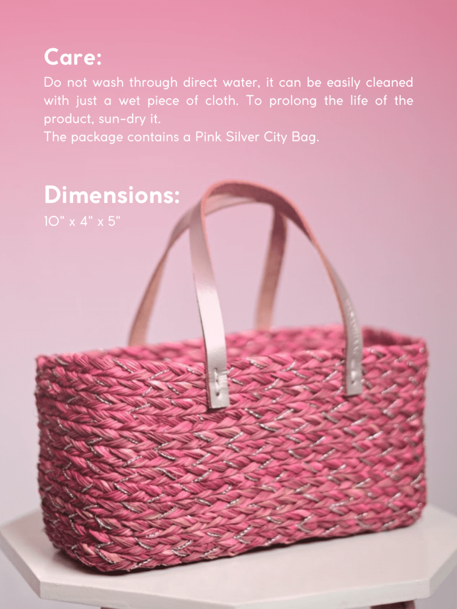Handmade Sabai Grass Mini Shopping/City Bag - Pink Silver - Kadam Haat
