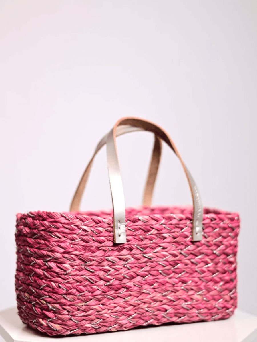 Handmade Sabai Grass Mini Shopping/City Bag - Pink Silver - Kadam Haat