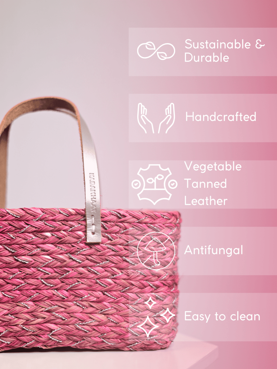 Handmade Sabai Grass Mini Shopping/City Bag - Pink Silver - Kadam Haat