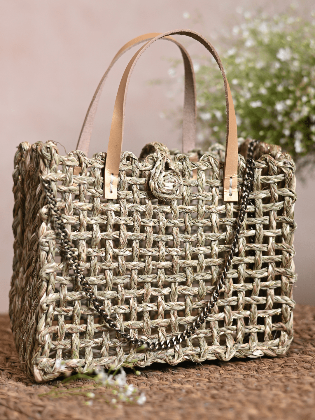 Handmade Sabai Grass Mini Zari Mesh Bag - Natural Gold - Kadam Haat