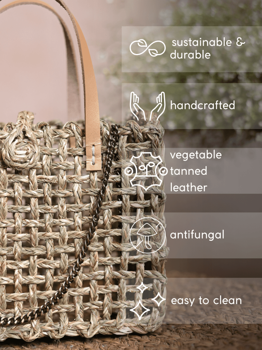Handmade Sabai Grass Mini Zari Mesh Bag - Natural Gold - Kadam Haat