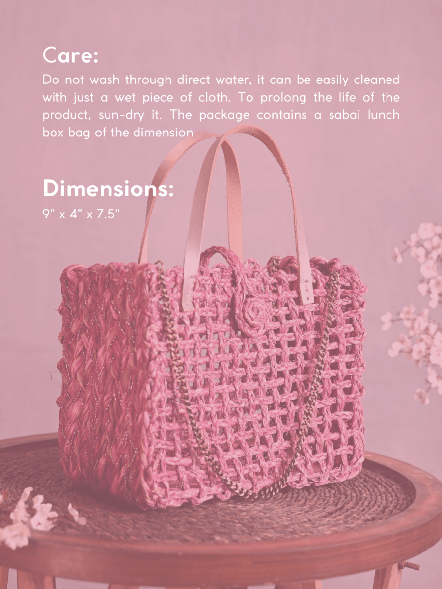 Handmade Sabai Grass Mini Zari Mesh Bag - Pink - Kadam Haat