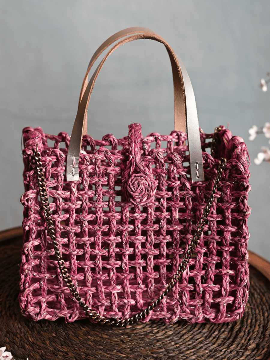 Handmade Sabai Grass Mini Zari Mesh Bag - Pink - Kadam Haat