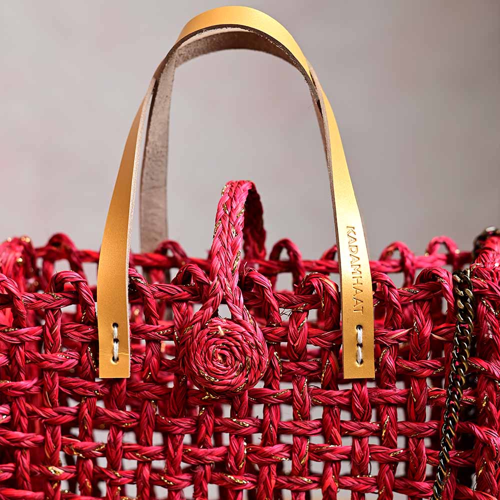 Handmade Sabai Grass Mini Zari Mesh Bag - Red Zari - Kadam Haat
