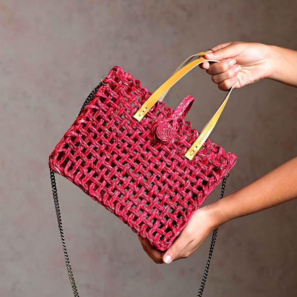 Handmade Sabai Grass Mini Zari Mesh Bag - Red Zari - Kadam Haat