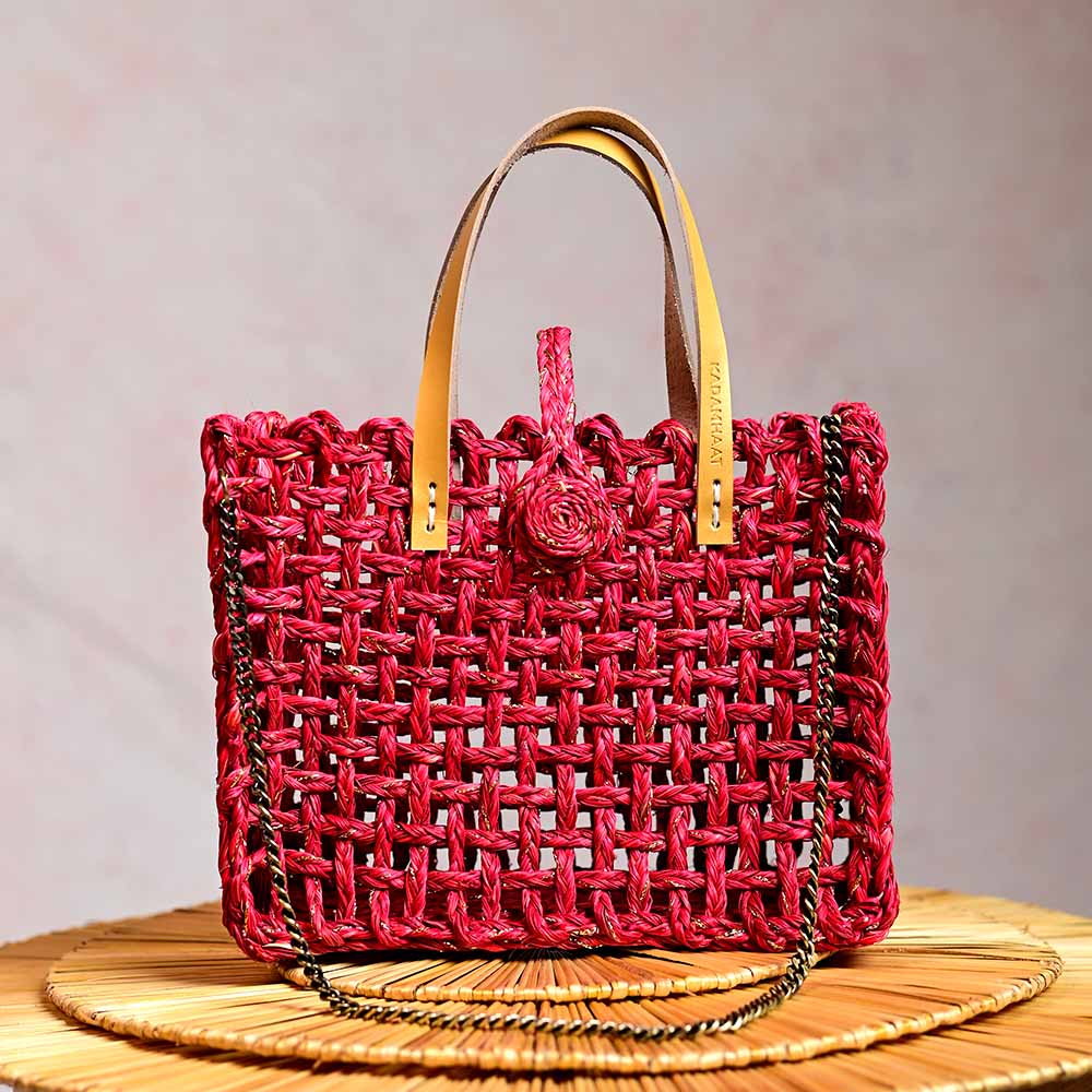 Handmade Sabai Grass Mini Zari Mesh Bag - Red Zari - Kadam Haat