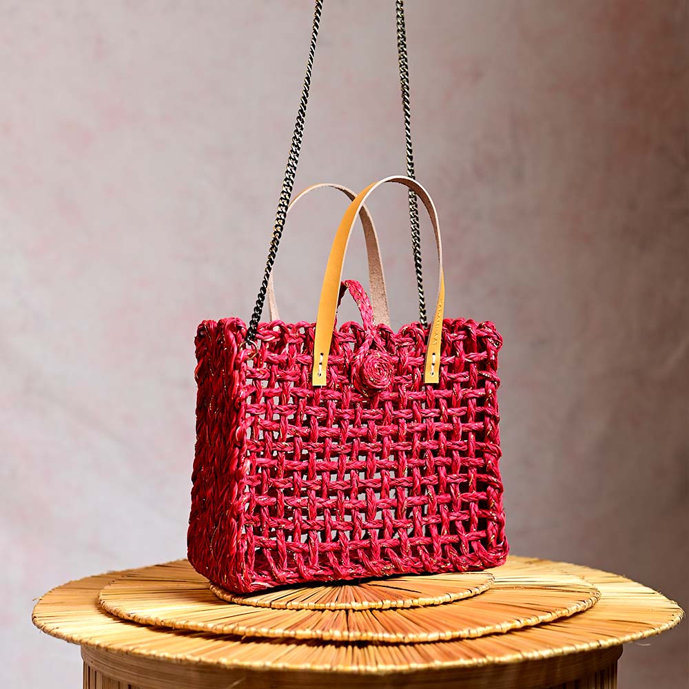 Handmade Sabai Grass Mini Zari Mesh Bag - Red Zari - Kadam Haat