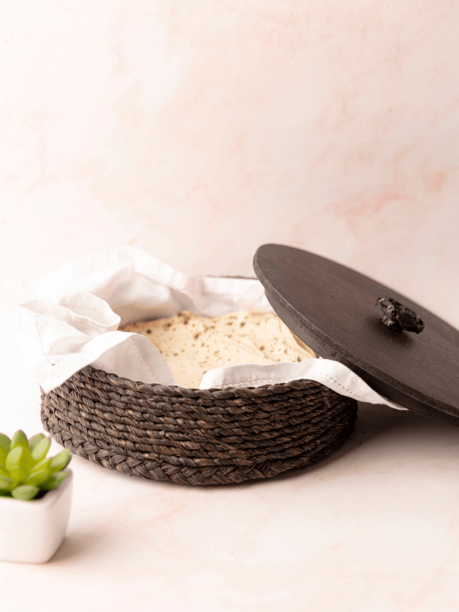 Handmade Sabai Grass Roti Box - Black - Kadam Haat