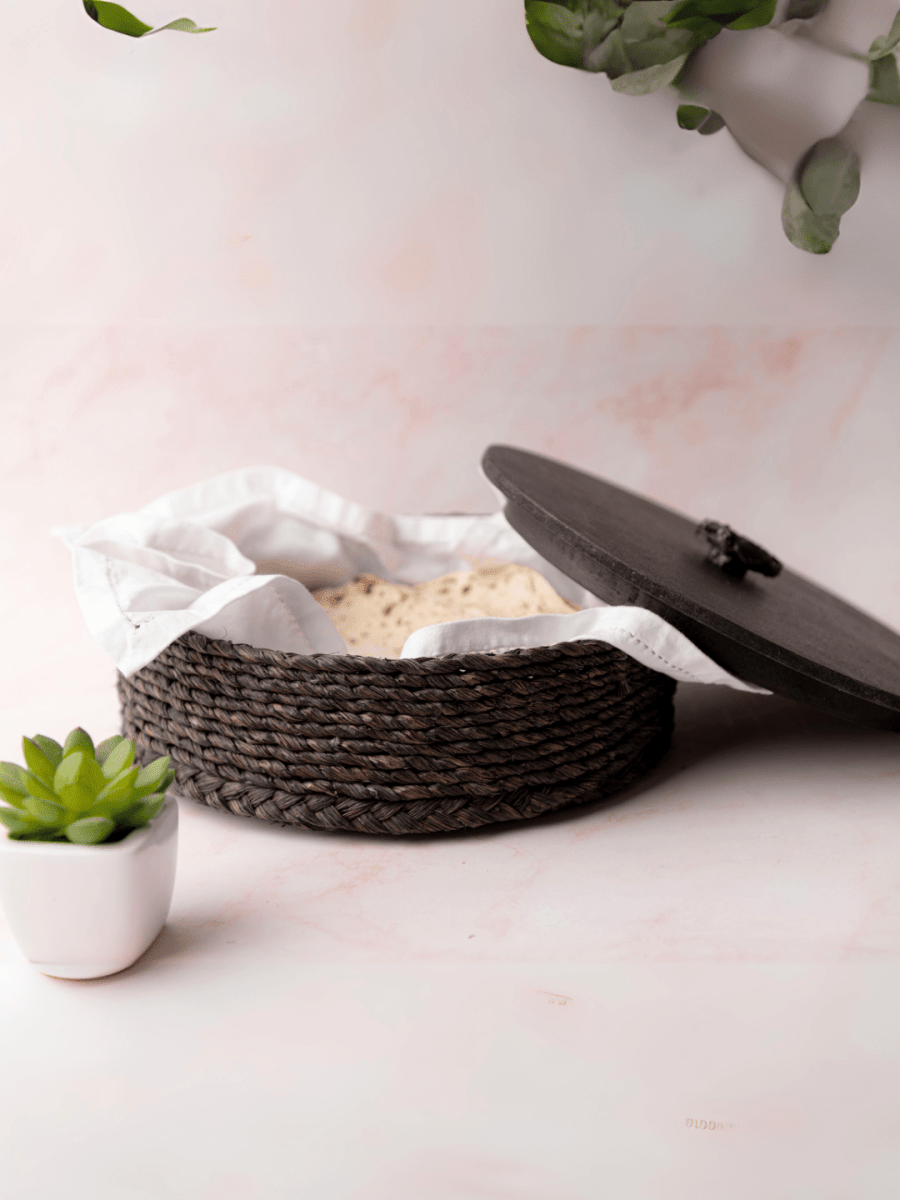 Handmade Sabai Grass Roti Box - Black - Kadam Haat