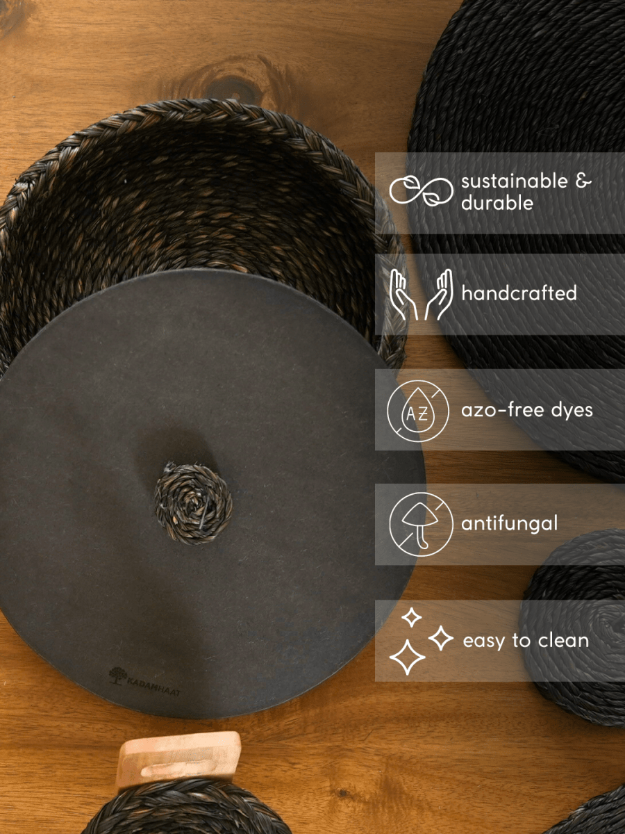 Handmade Sabai Grass Roti Box - Black - Kadam Haat