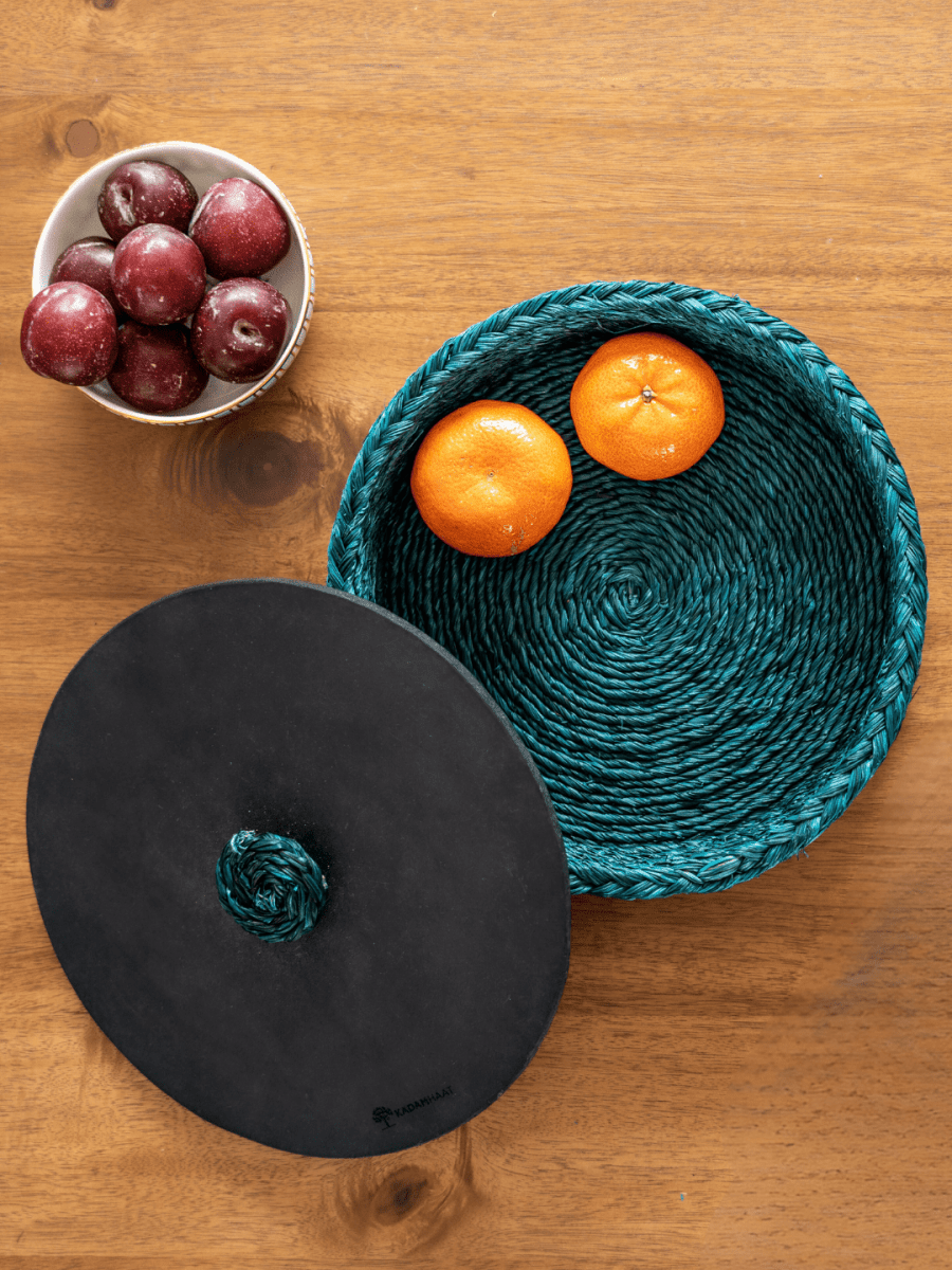 Handmade Sabai Grass Roti Box - Indigo - Kadam Haat
