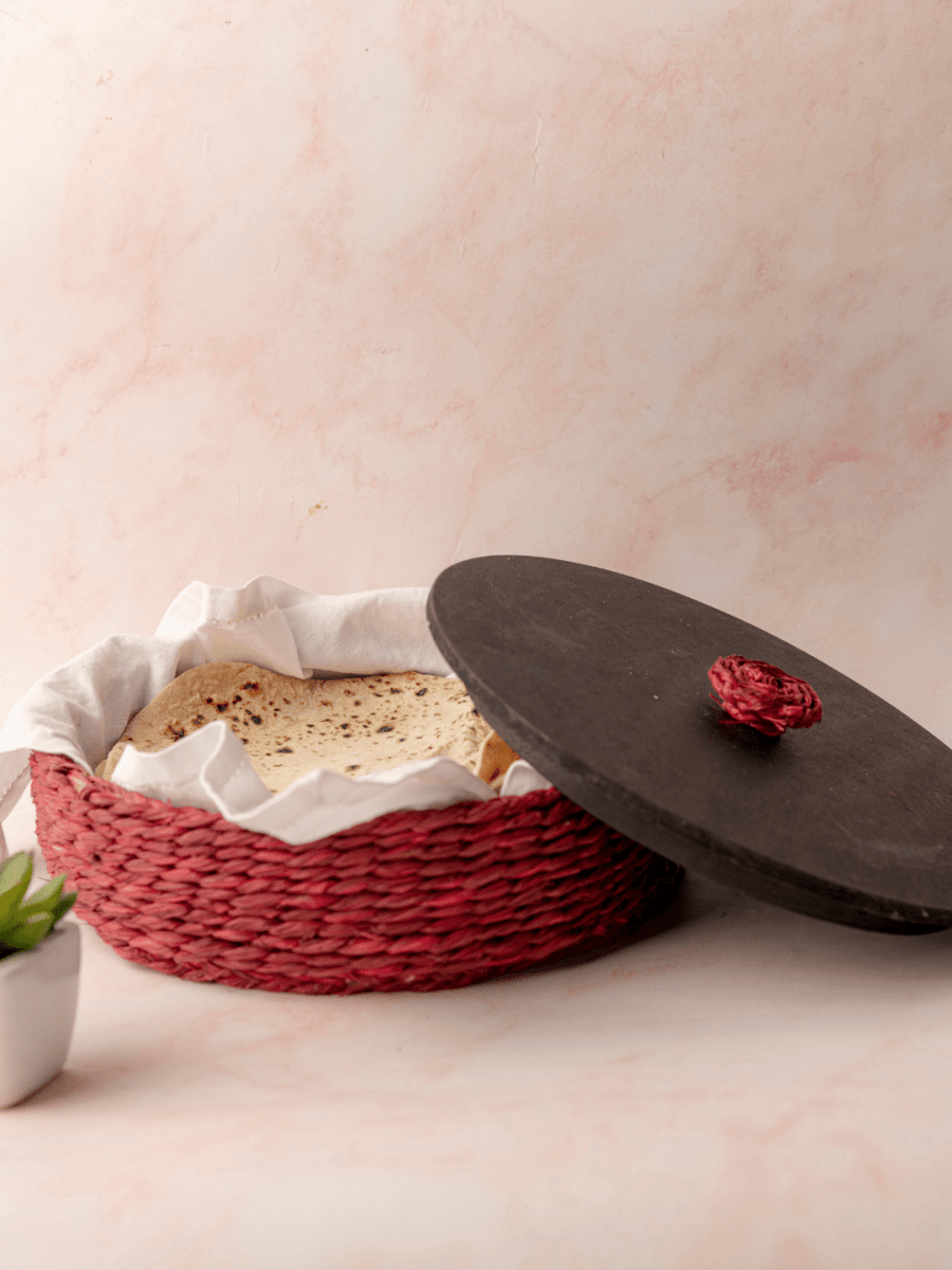 Handmade Sabai Grass Roti Box - Red - Kadam Haat