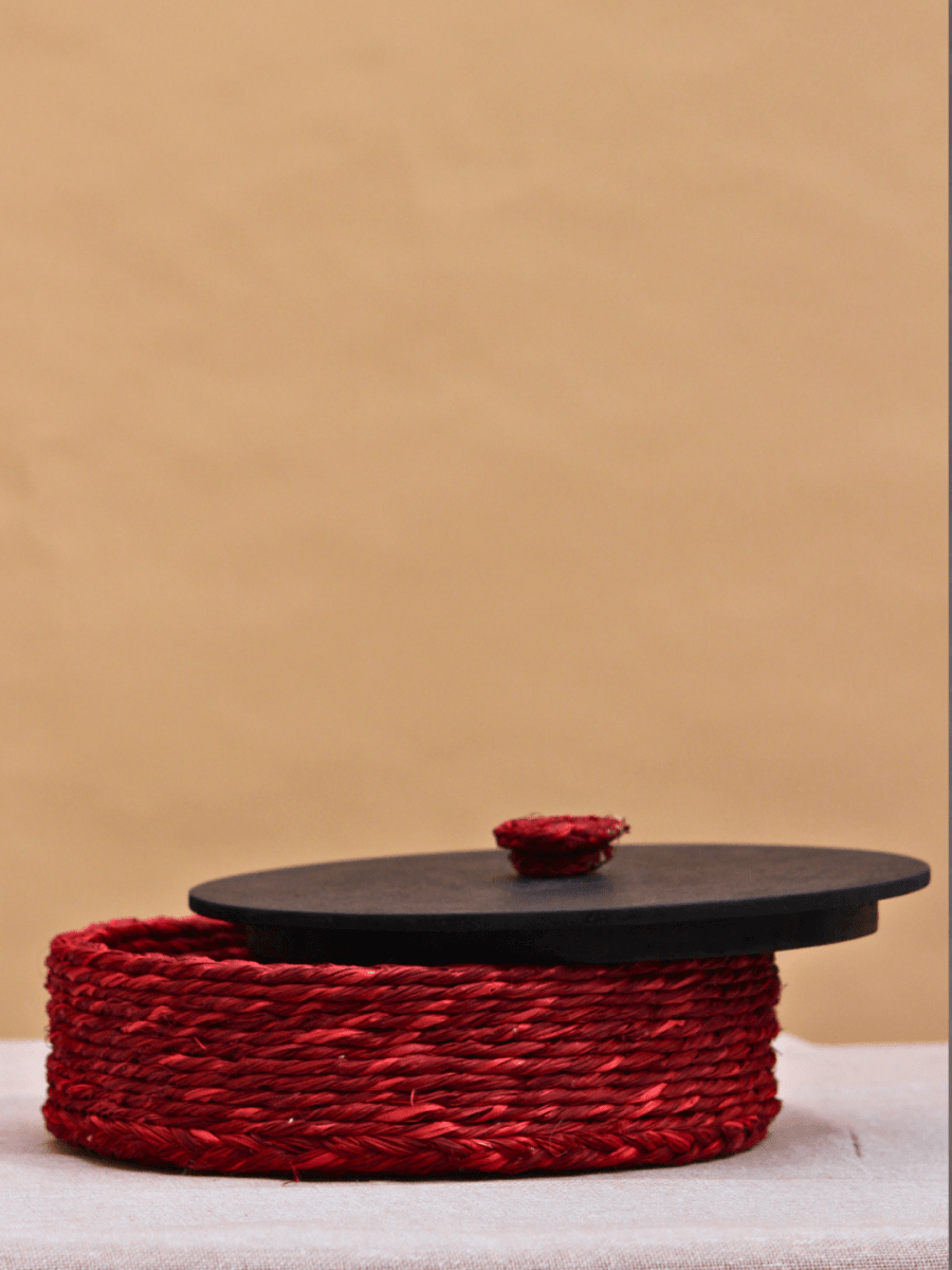 Handmade Sabai Grass Roti Box - Red - Kadam Haat