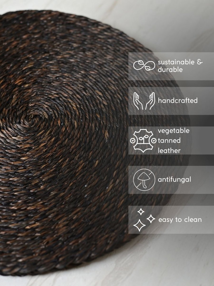 Handmade Sabai Grass Round Mats – Set of 4, Black - Kadam Haat