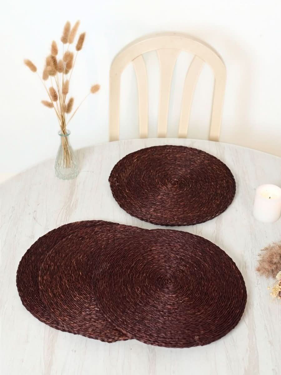 Handmade Sabai Grass Round Mats – Set of 4, Brown - Kadam Haat