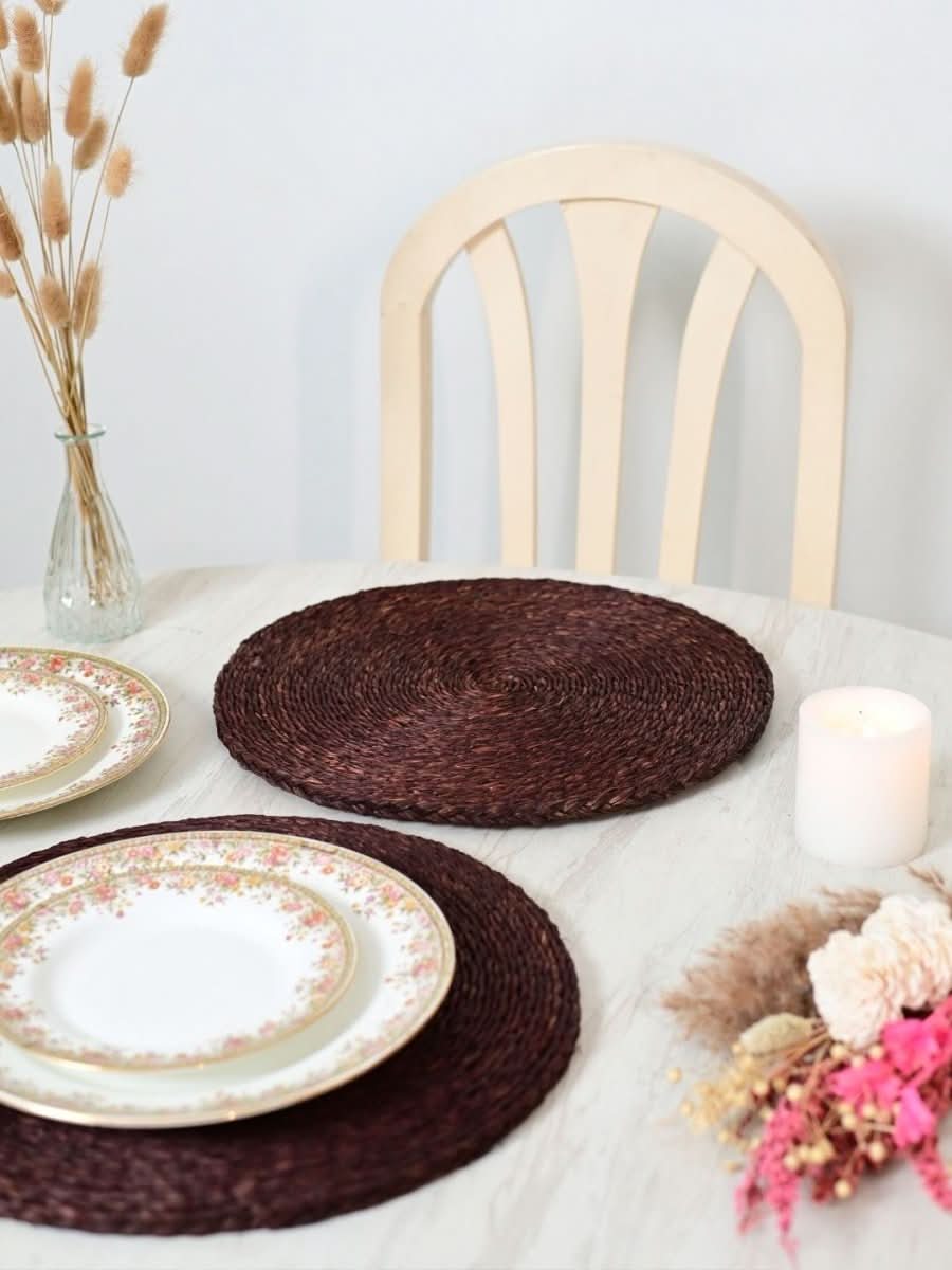 Handmade Sabai Grass Round Mats – Set of 4, Brown - Kadam Haat