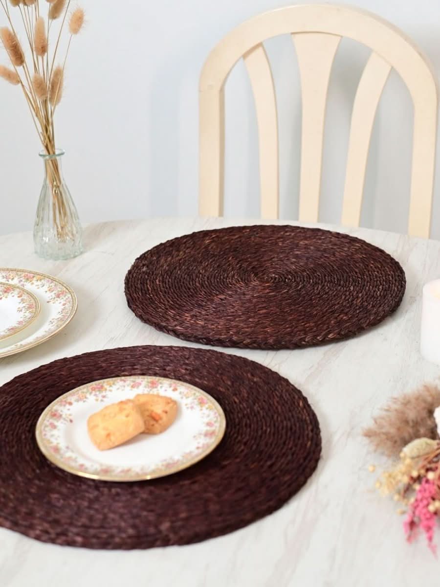 Handmade Sabai Grass Round Mats – Set of 4, Brown - Kadam Haat
