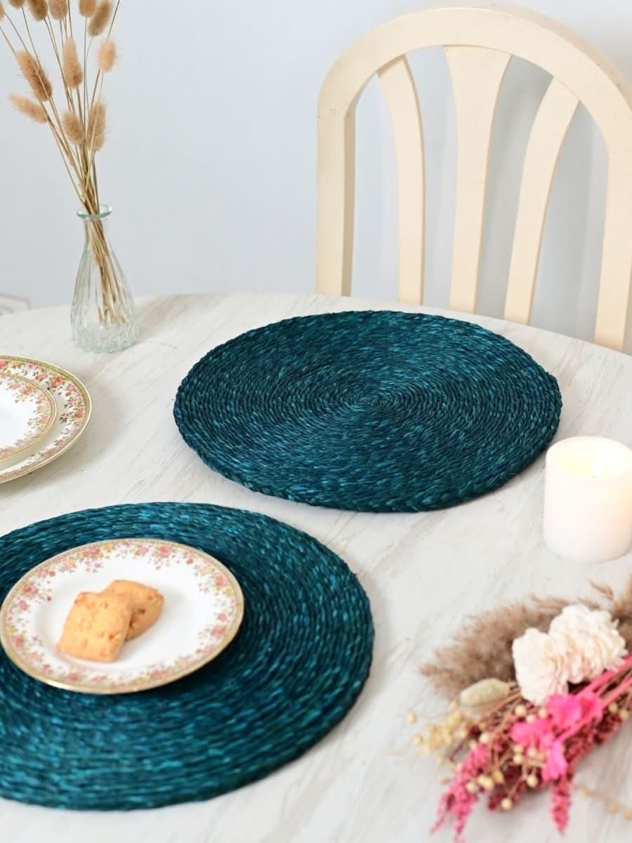 Handmade Sabai Grass Round Mats – Set of 4, Indigo - Kadam Haat