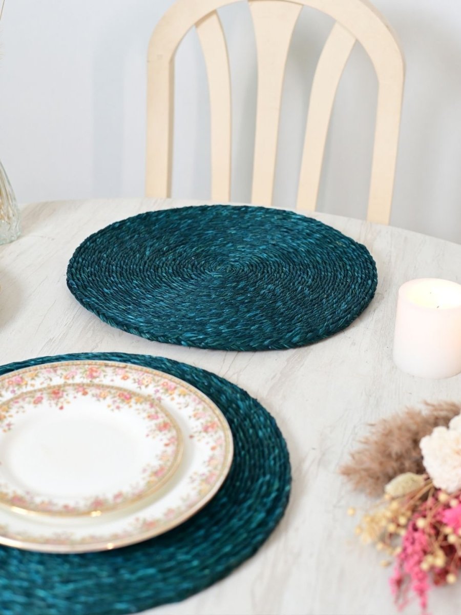 Handmade Sabai Grass Round Mats – Set of 4, Indigo - Kadam Haat