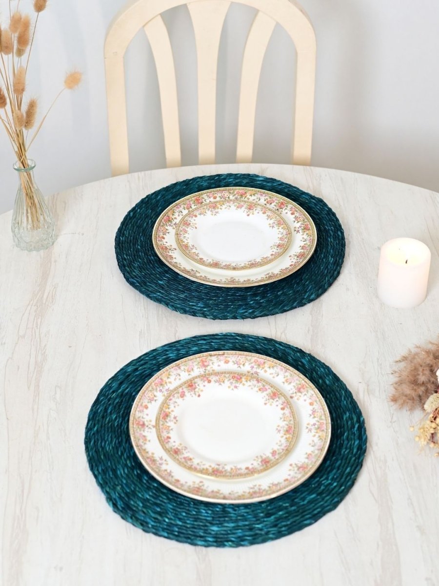 Handmade Sabai Grass Round Mats – Set of 4, Indigo - Kadam Haat