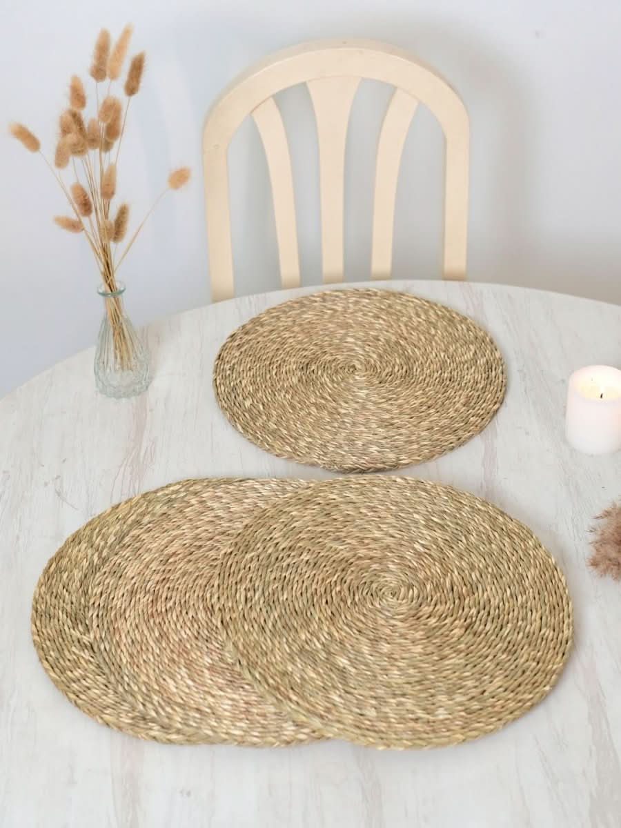 Handmade Sabai Grass Round Mats – Set of 4, Natural - Kadam Haat