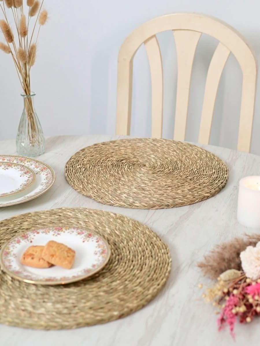 Handmade Sabai Grass Round Mats – Set of 4, Natural - Kadam Haat