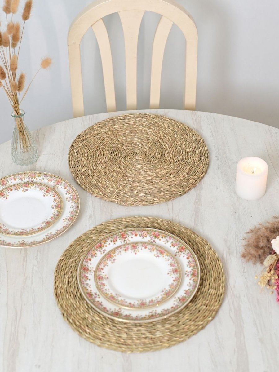 Handmade Sabai Grass Round Mats – Set of 4, Natural - Kadam Haat