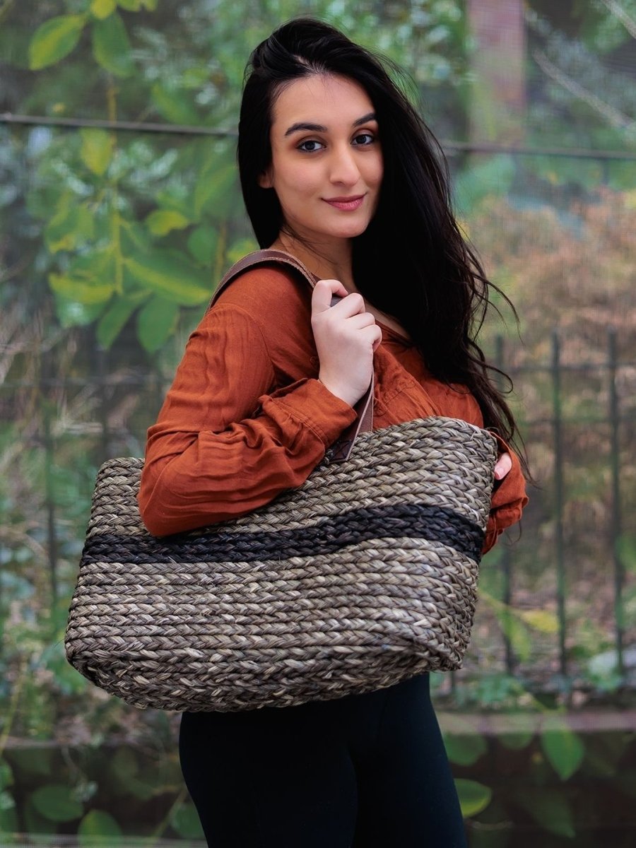 Handmade Sabai Grass Shopping Bag - Black - Kadam Haat