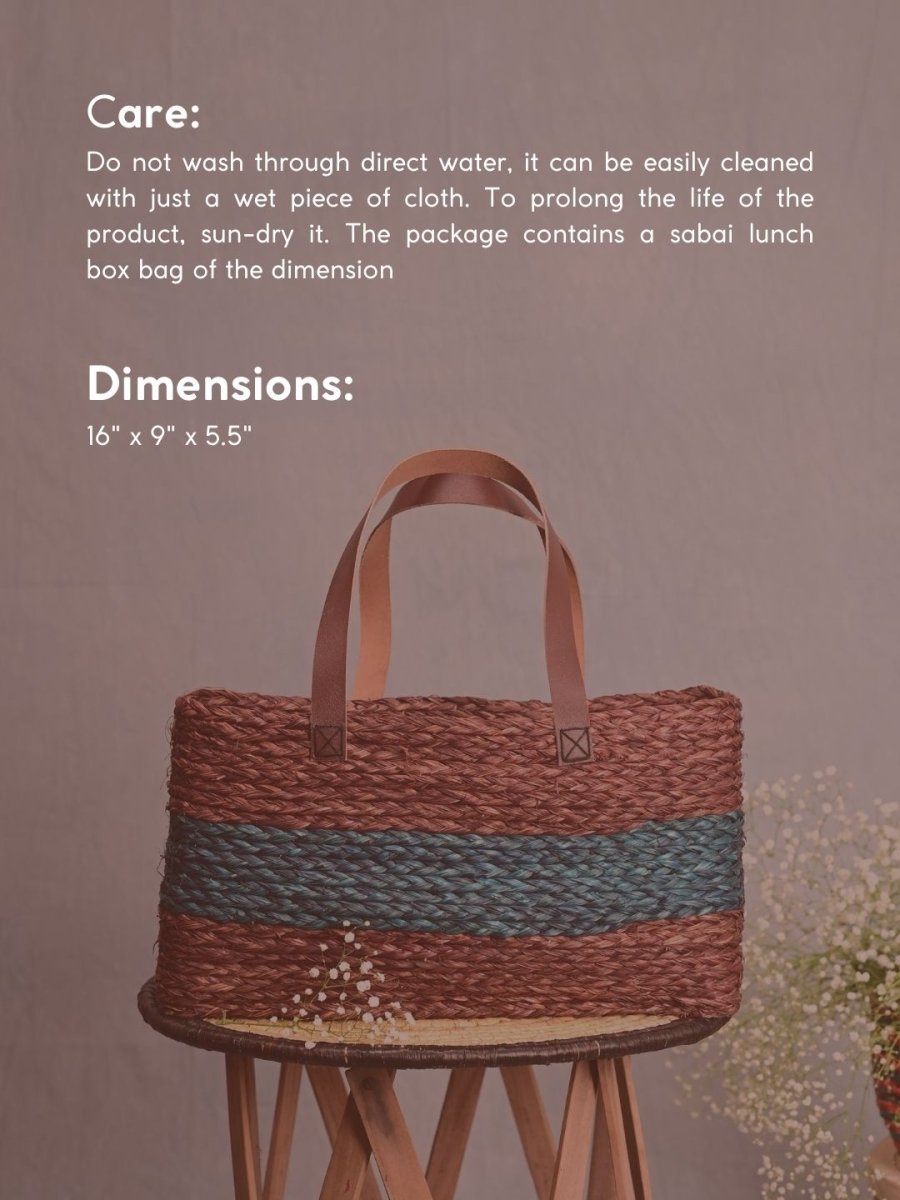 Handmade Sabai Grass Shopping Bag - Brown & Indigo - Kadam Haat
