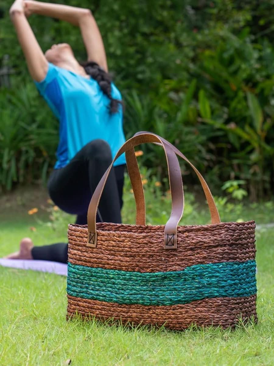 Handmade Sabai Grass Shopping Bag - Brown & Indigo - Kadam Haat