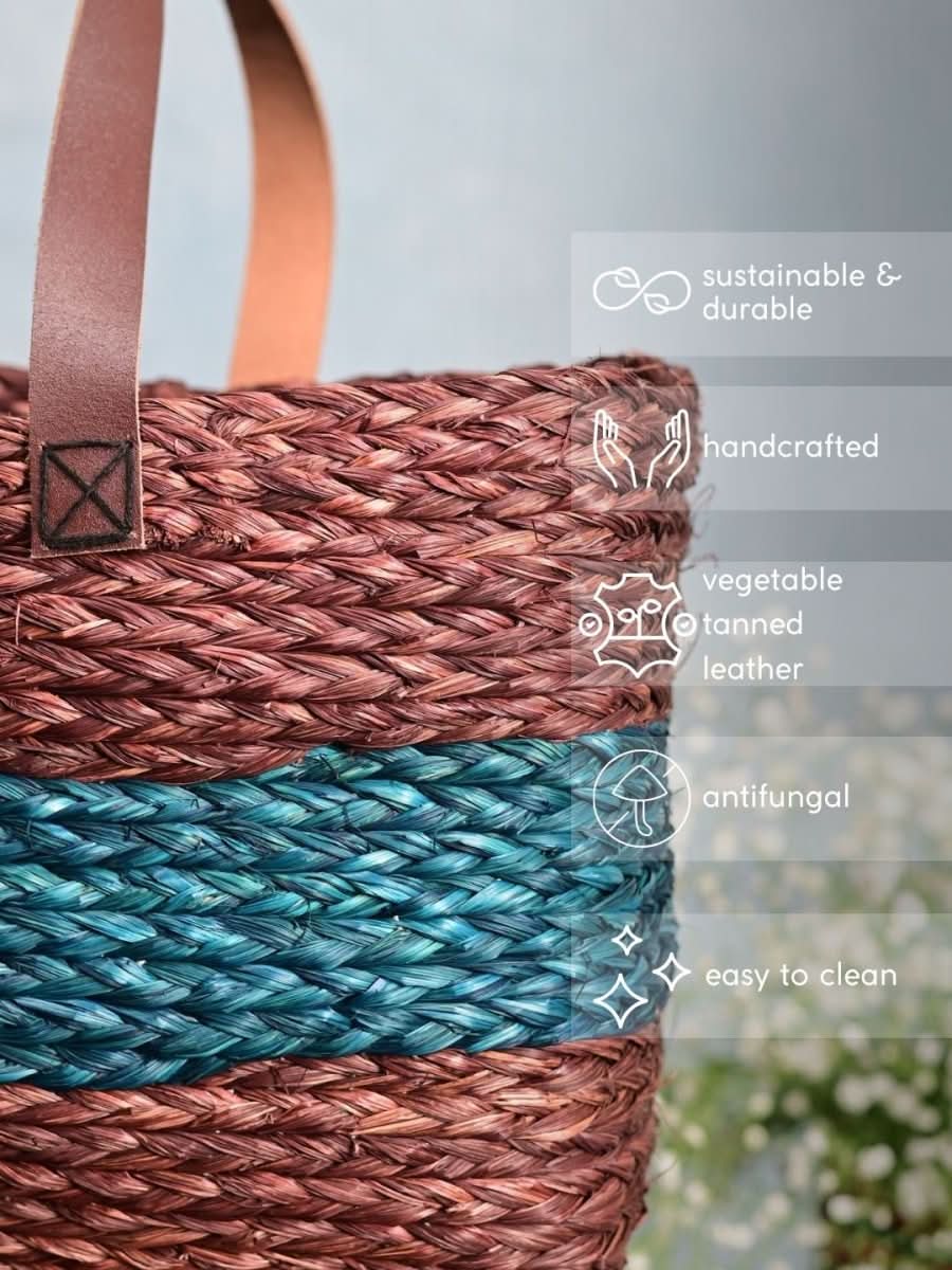 Handmade Sabai Grass Shopping Bag - Brown & Indigo - Kadam Haat