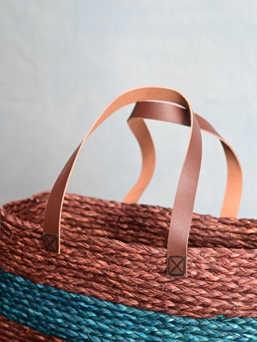 Handmade Sabai Grass Shopping Bag - Brown & Indigo - Kadam Haat
