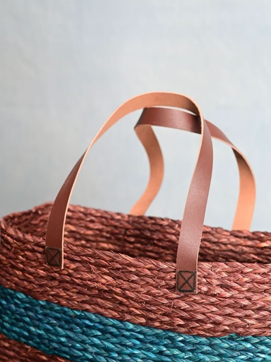 Handmade Sabai Grass Shopping Bag - Brown & Indigo - Kadam Haat