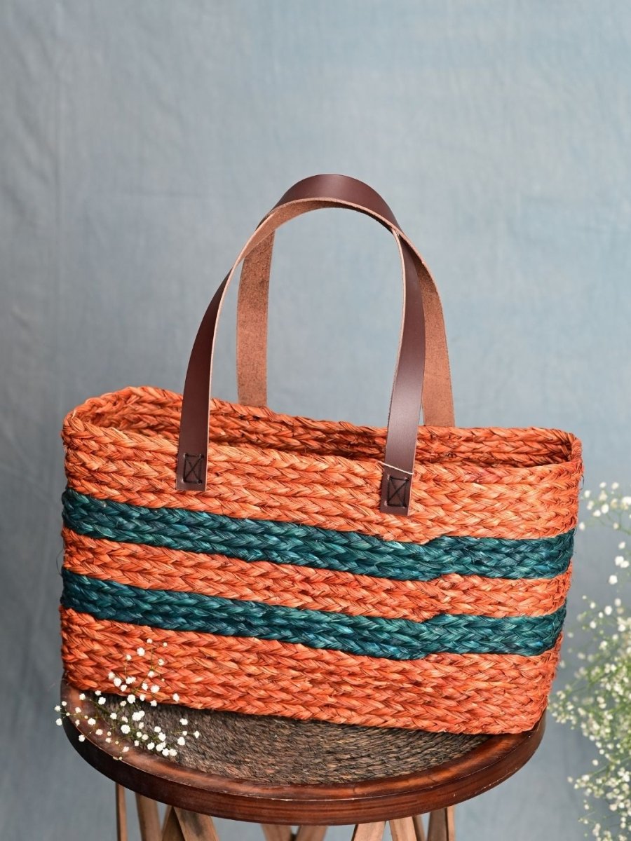 Handmade Sabai Grass Shopping Bag - Orange & Indigo - Kadam Haat
